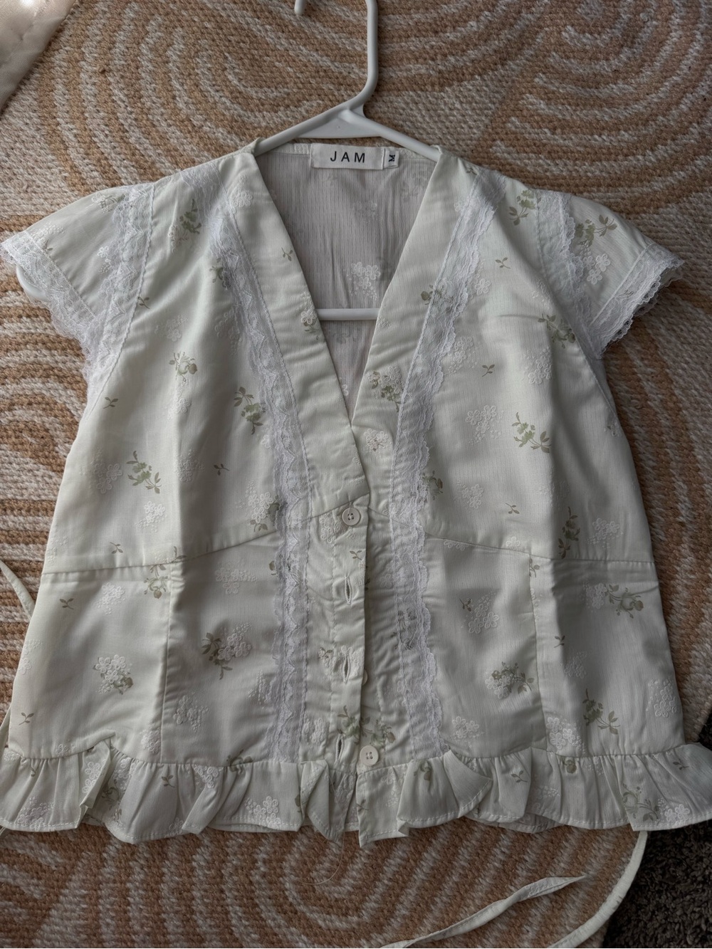 Floral Lace Trim Button Front Top in Light Sage